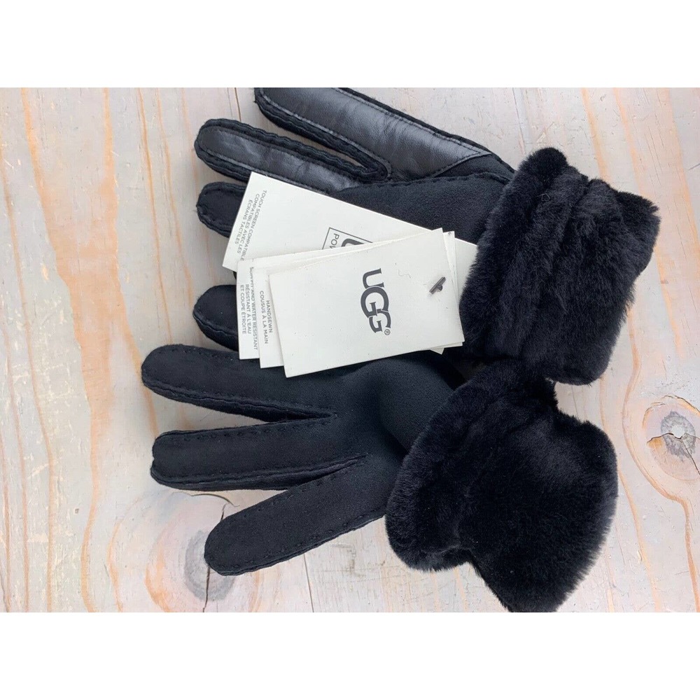 UGG black SHEEPSKIN EXPOSED SLIM TECH GLOVES WOMENS LARGE NWT - Picture 10 of 12